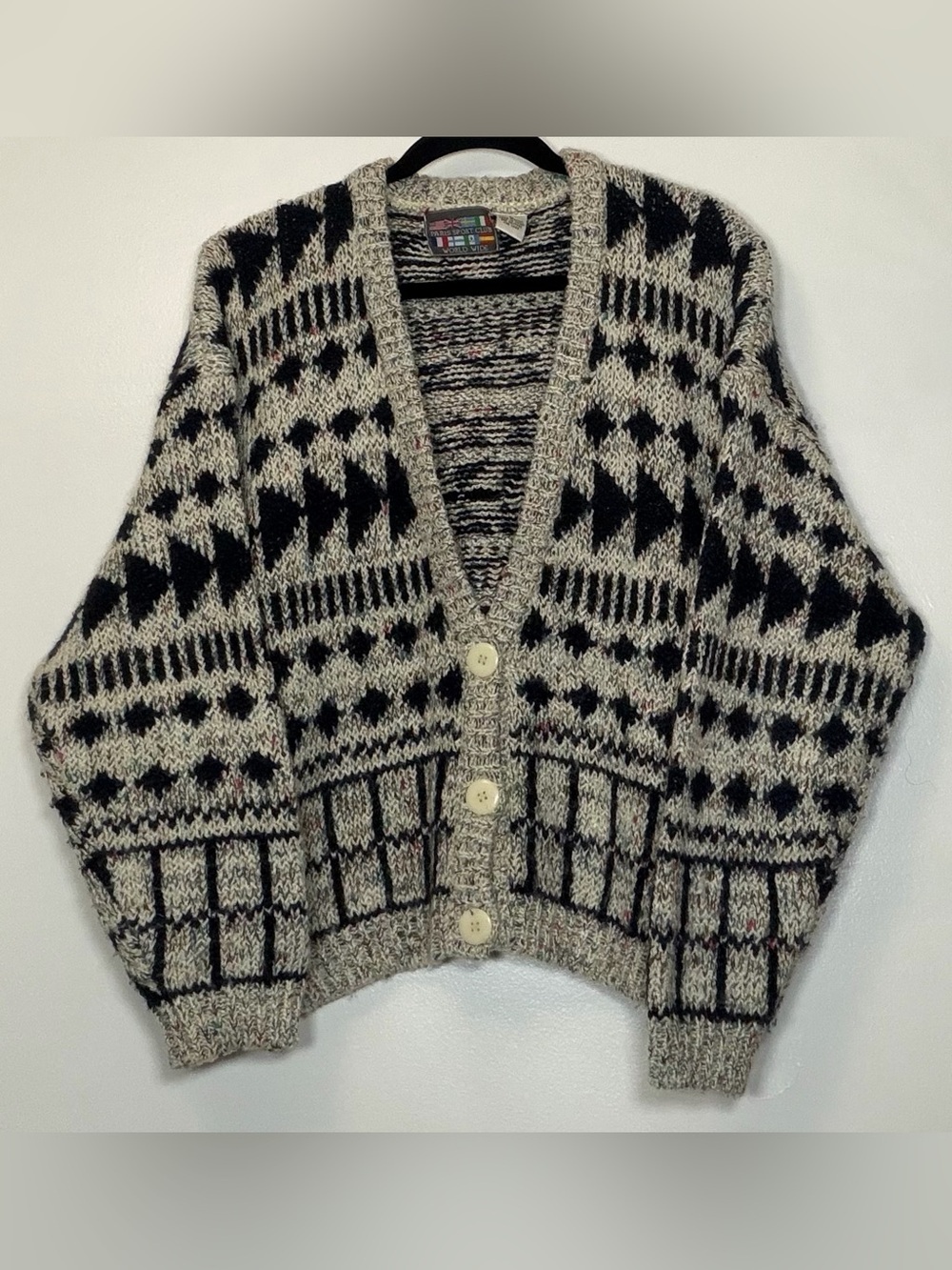 Rare Vintage Cozy Black & Cream Patterned V-Neck Button Cardigan